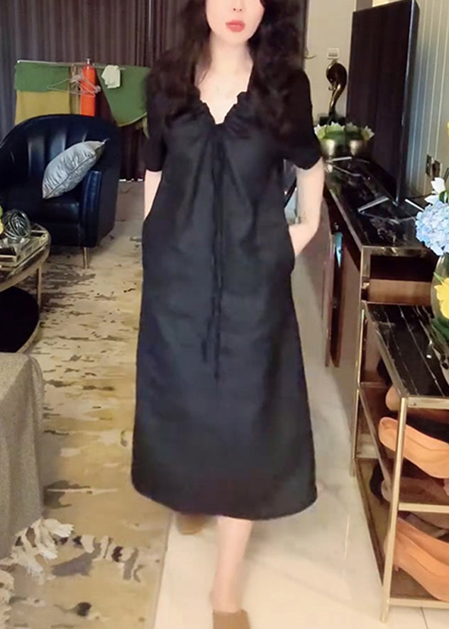 Simple Black V Neck Lace Up Pockets Linen Long Dress Summer