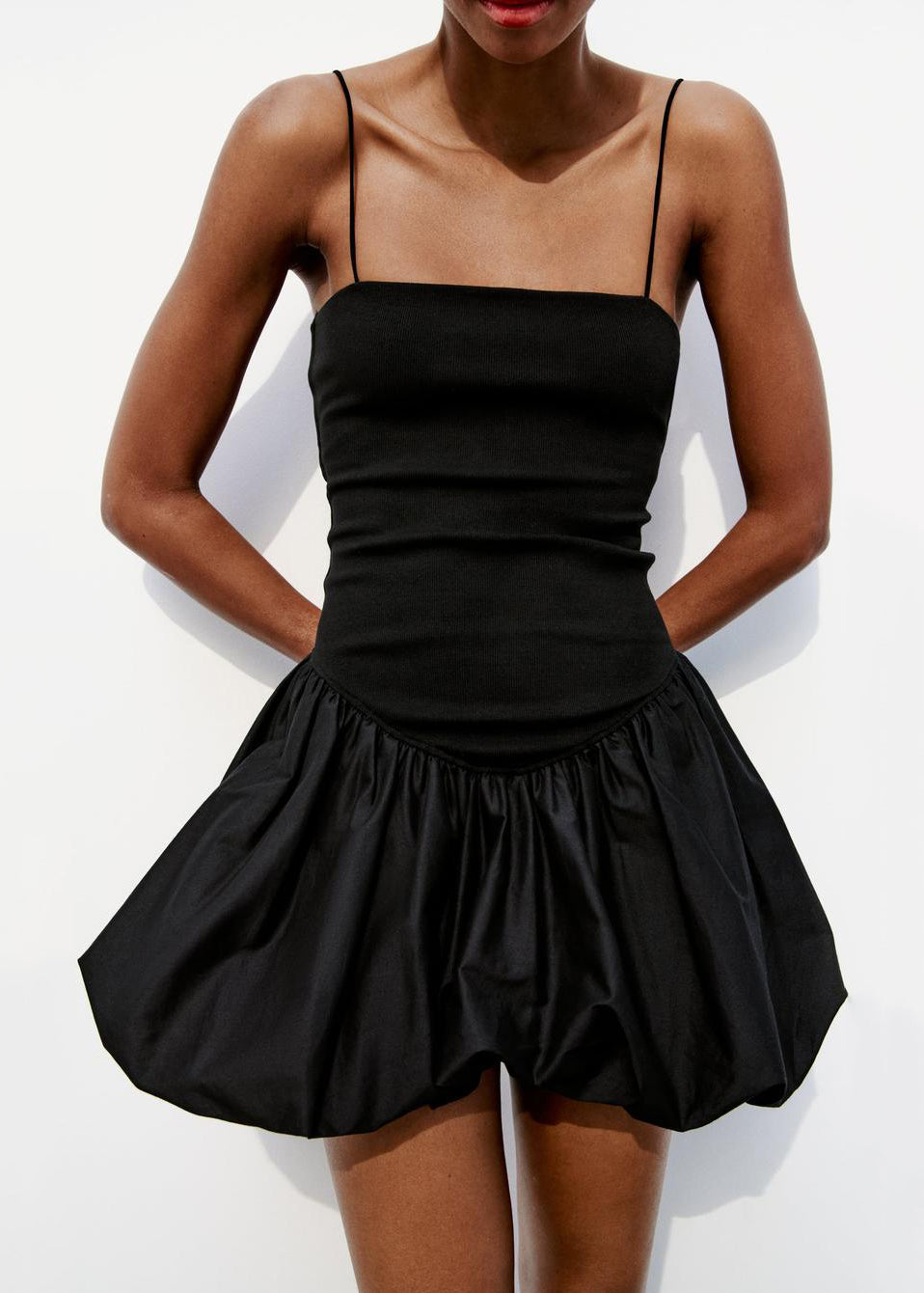 Simple Black Wrinkled High Waist Cotton Spaghetti Strap Dress Summer