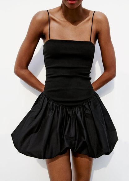 Simple Black Wrinkled High Waist Cotton Spaghetti Strap Dress Summer