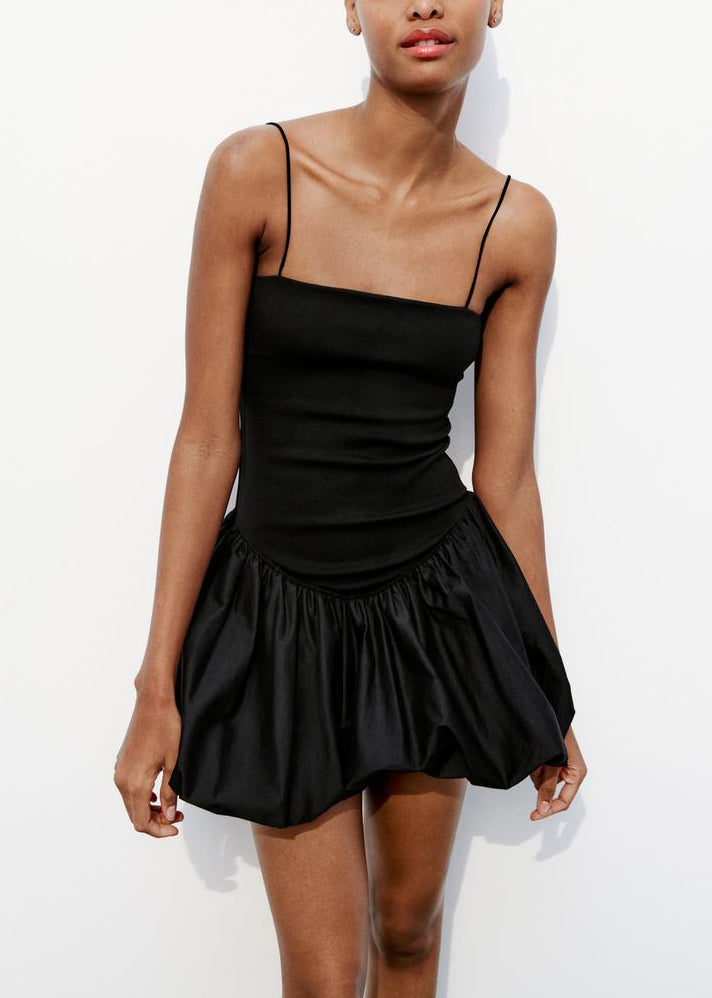 Simple Black Wrinkled High Waist Cotton Spaghetti Strap Dress Summer