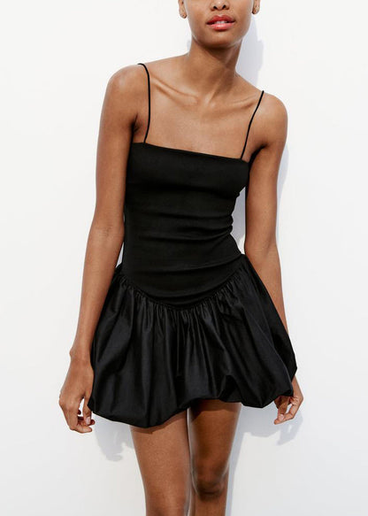 Simple Black Wrinkled High Waist Cotton Spaghetti Strap Dress Summer