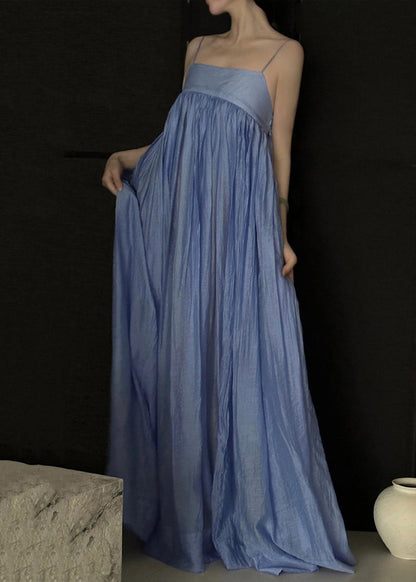Simple Blue Backless Wrinkled Cotton Spaghetti Strap Dress Sleeveless