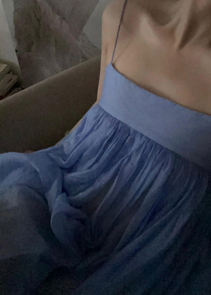 Simple Blue Backless Wrinkled Cotton Spaghetti Strap Dress Sleeveless