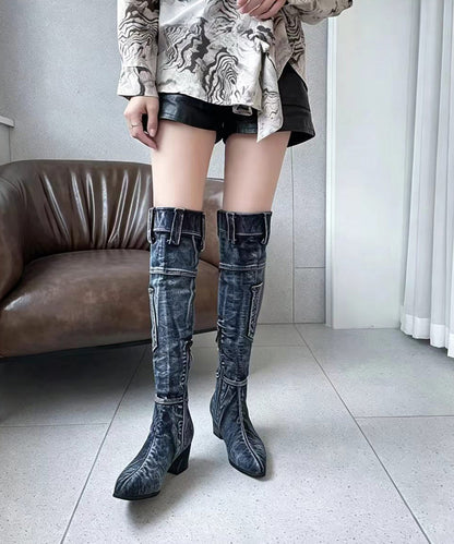 Simple Blue Denim Cargo Pockets Pointed Toe Chunky Thigh Boots
