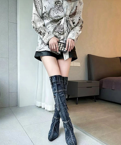 Simple Blue Denim Cargo Pockets Pointed Toe Chunky Thigh Boots