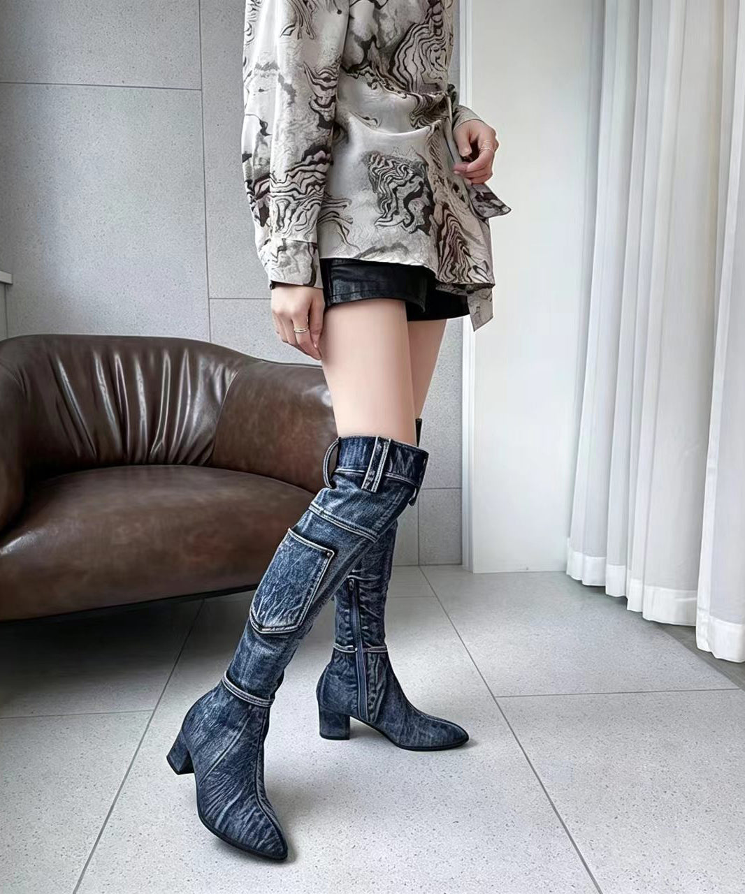 Simple Blue Denim Cargo Pockets Pointed Toe Chunky Thigh Boots