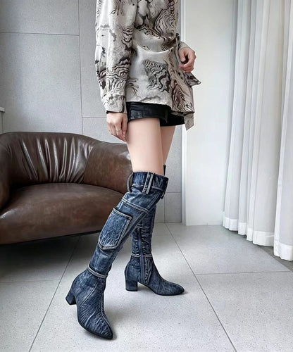 Simple Blue Denim Cargo Pockets Pointed Toe Chunky Thigh Boots