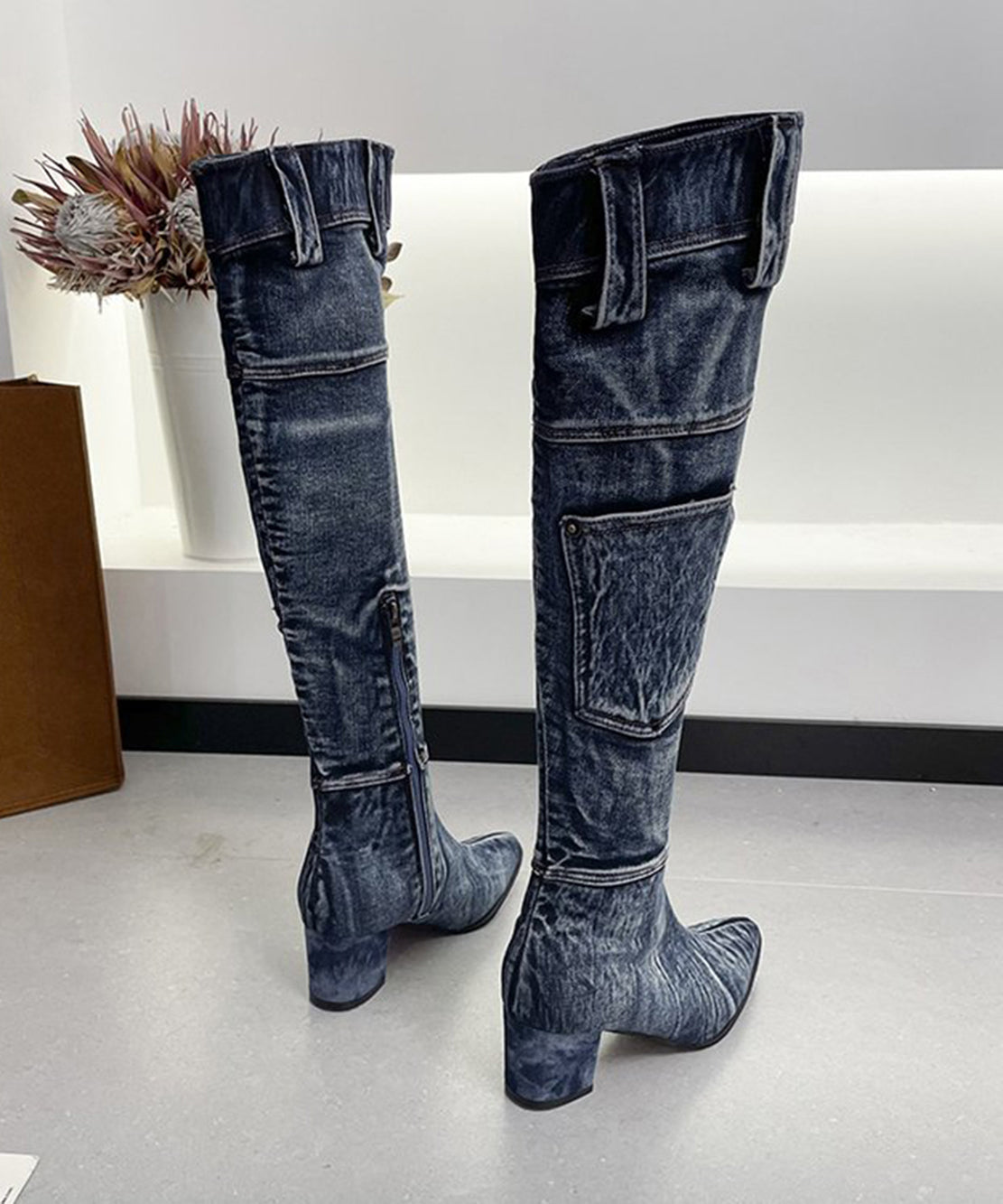 Simple Blue Denim Cargo Pockets Pointed Toe Chunky Thigh Boots