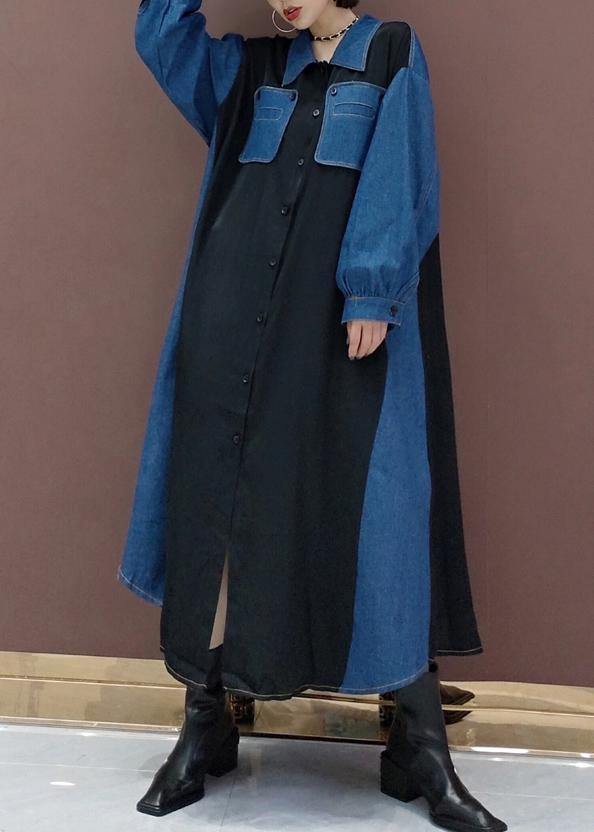 Simple Blue Dresses Lapel Patchwork Robe Spring Dress - SooLinen
