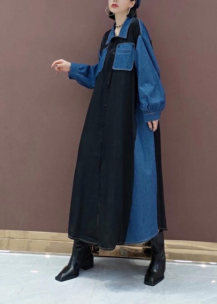Simple Blue Dresses Lapel Patchwork Robe Spring Dress - SooLinen