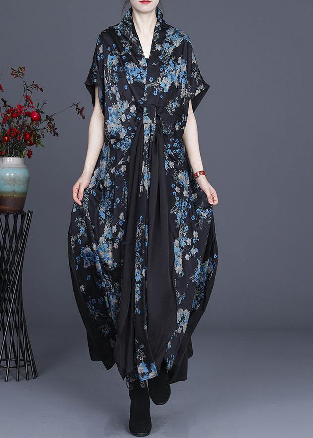 Simple Blue Floral Patchwork V Neck Long Dress Summer - SooLinen