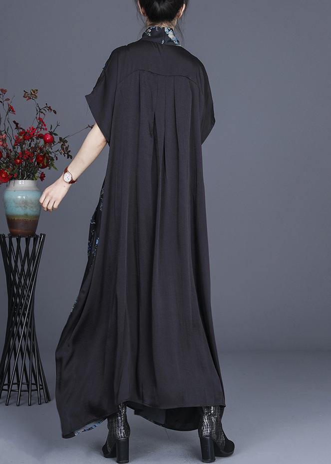 Simple Blue Floral Patchwork V Neck Long Dress Summer - SooLinen