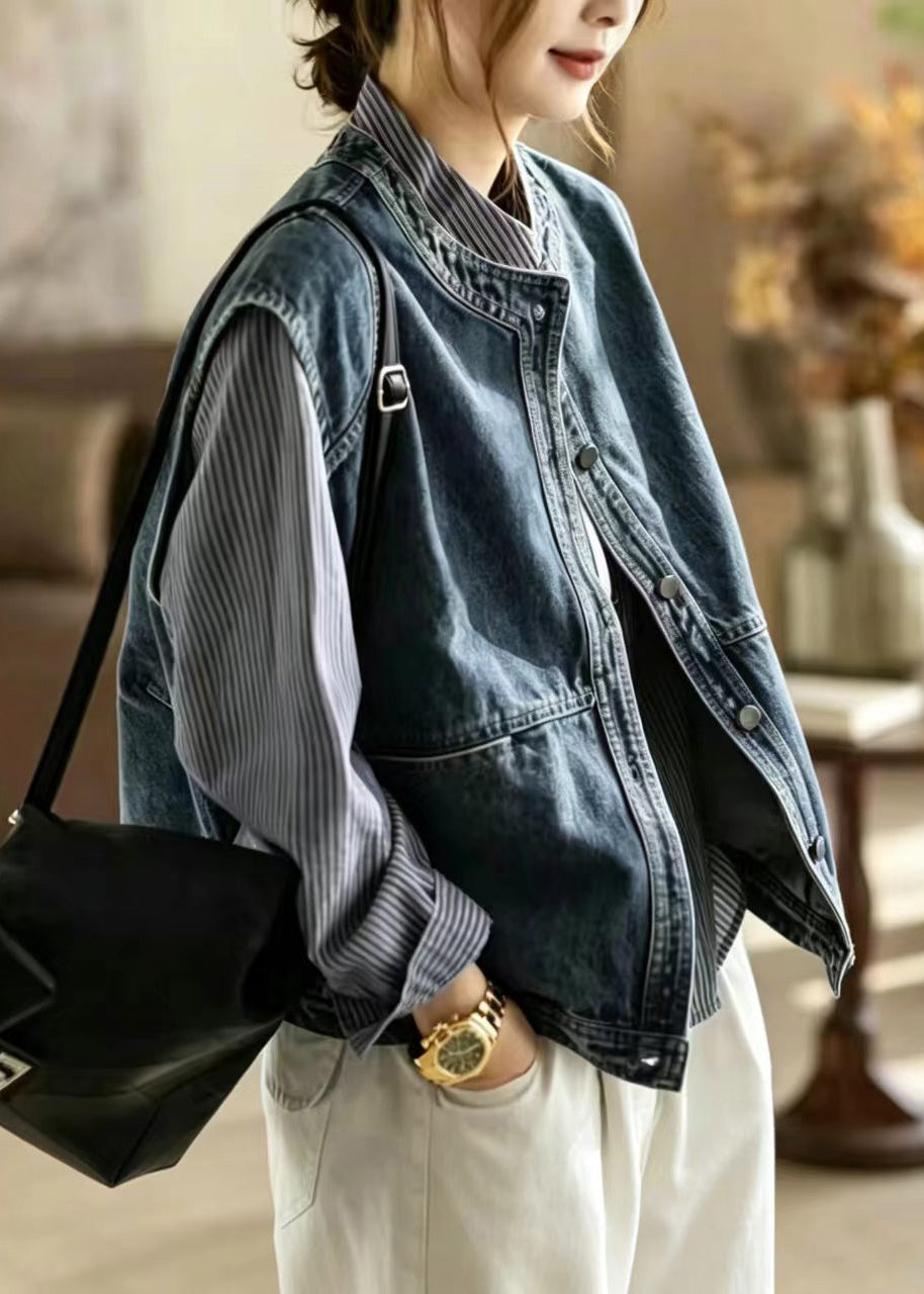 Simple Blue O-Neck Layering Denim Vest Sleeveless