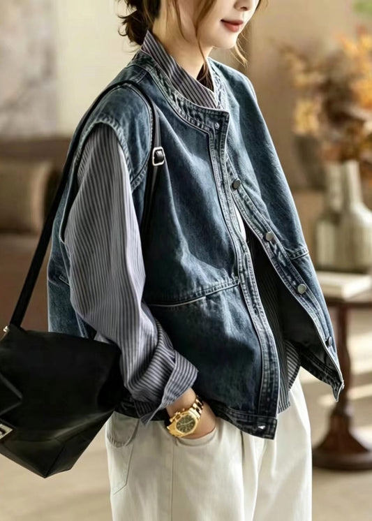 Simple Blue O-Neck Layering Denim Vest Sleeveless