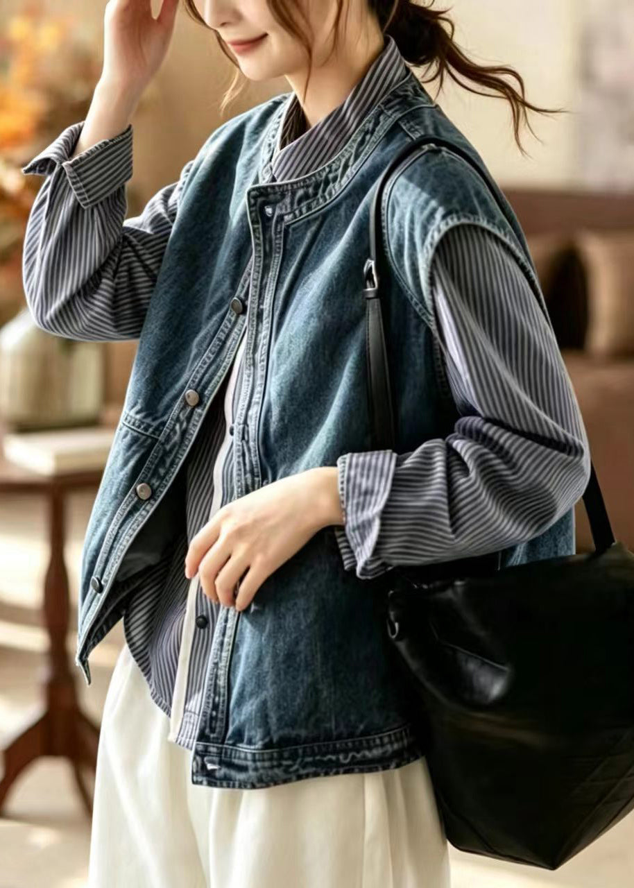 Simple Blue O-Neck Layering Denim Vest Sleeveless