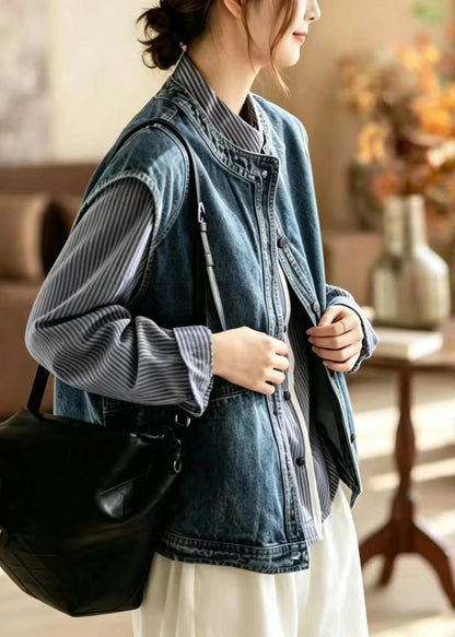 Simple Blue O-Neck Layering Denim Vest Sleeveless