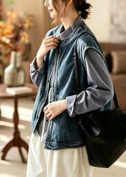 Simple Blue O-Neck Layering Denim Vest Sleeveless
