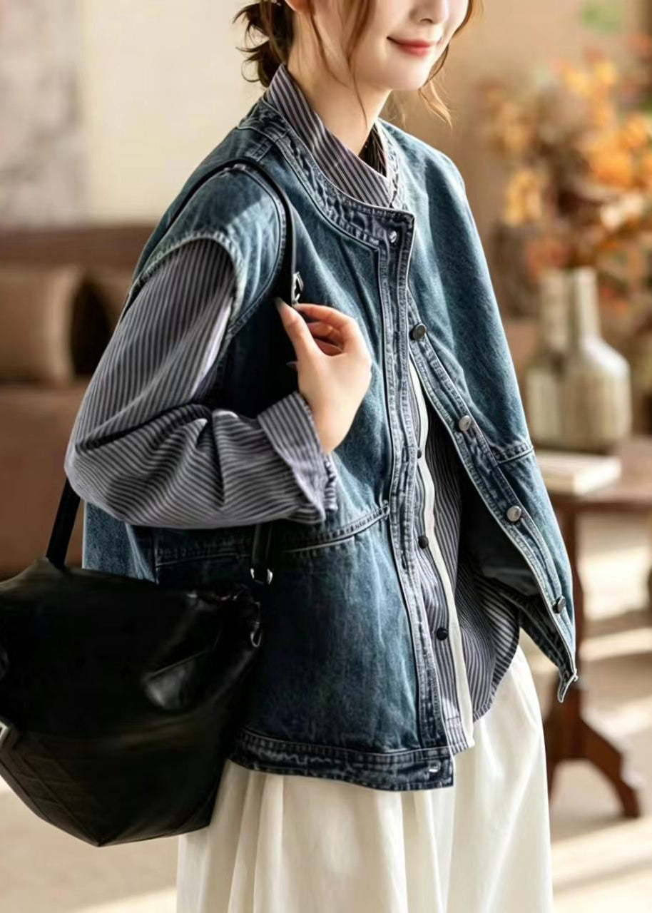 Simple Blue O-Neck Layering Denim Vest Sleeveless