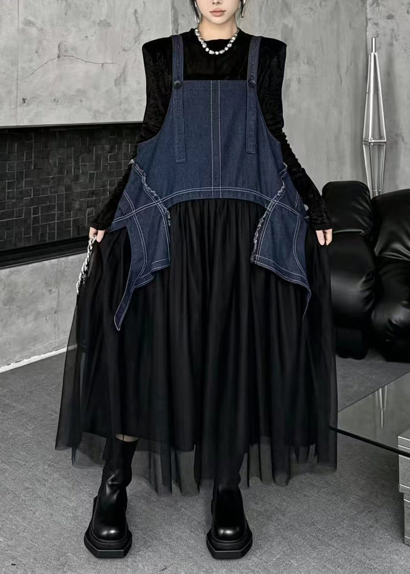 Simple Blue Oversized Asymmetrical Tulle Patchwork Pinafore Dress Fall