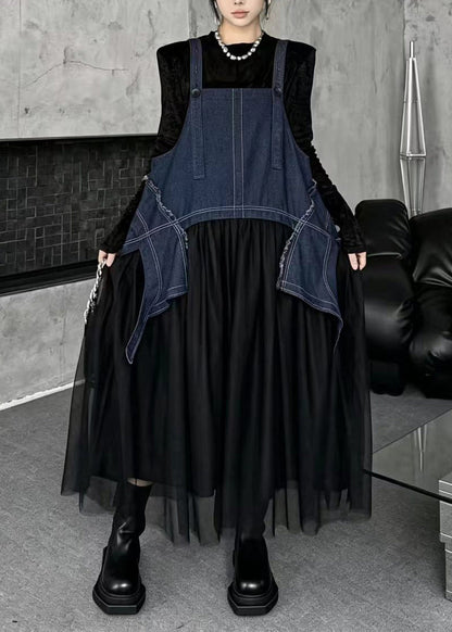 Simple Blue Oversized Asymmetrical Tulle Patchwork Pinafore Dress Fall