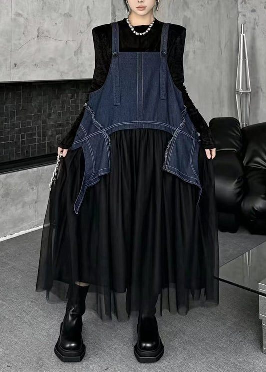 Simple Blue Oversized Asymmetrical Tulle Patchwork Pinafore Dress Fall