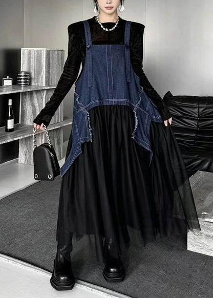 Simple Blue Oversized Asymmetrical Tulle Patchwork Pinafore Dress Fall