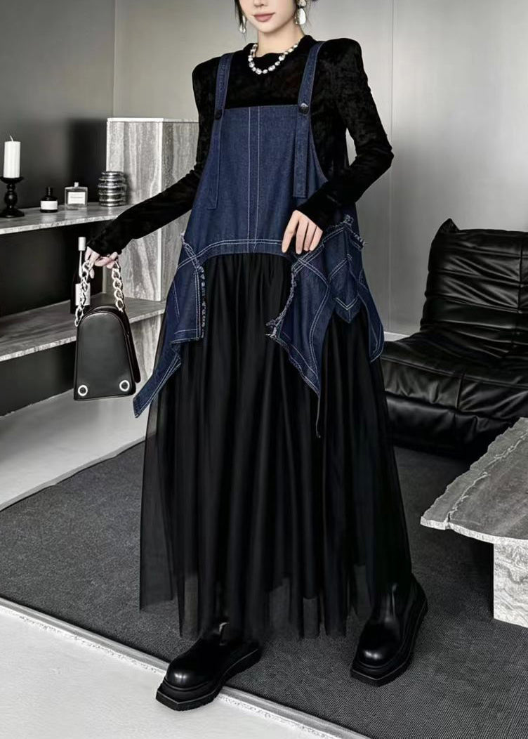 Simple Blue Oversized Asymmetrical Tulle Patchwork Pinafore Dress Fall