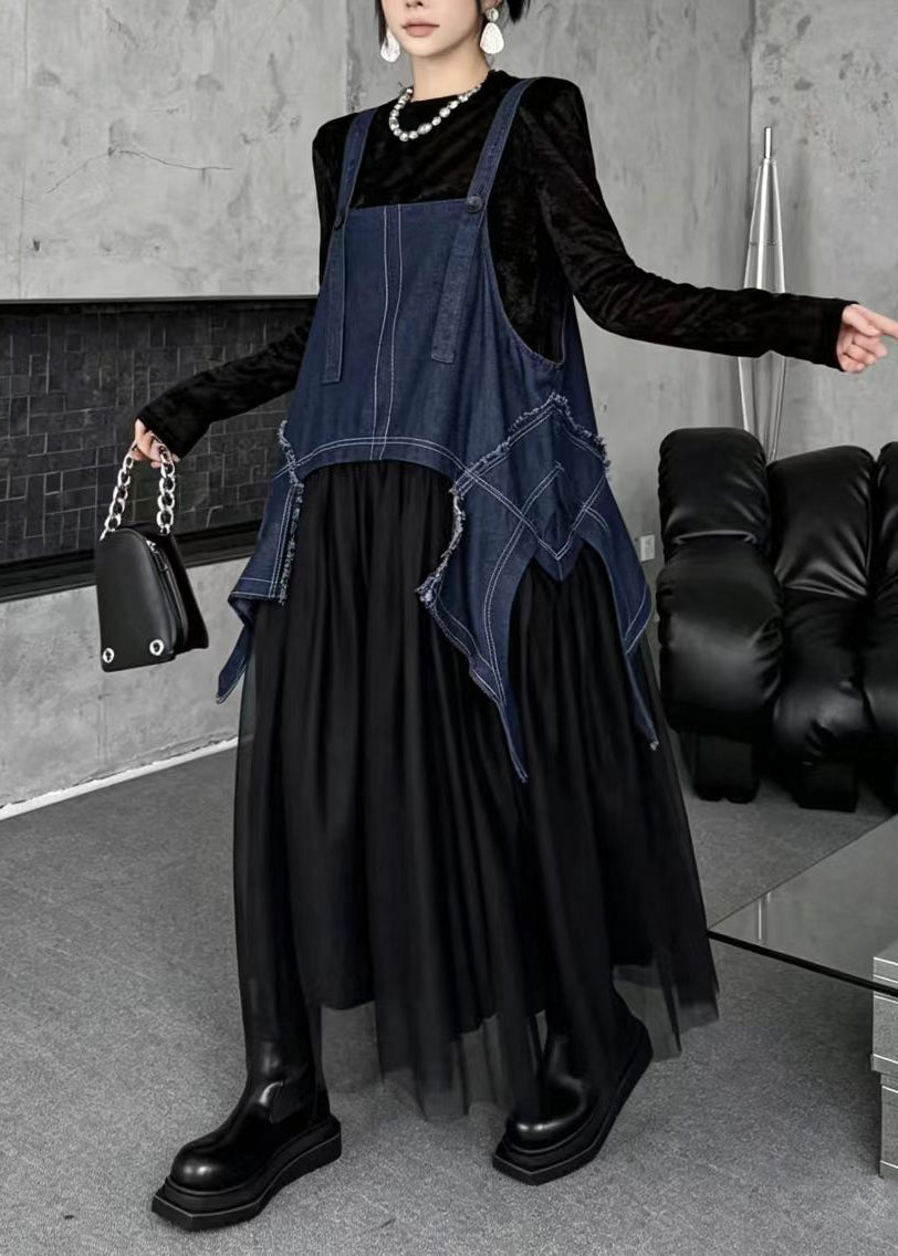 Simple Blue Oversized Asymmetrical Tulle Patchwork Pinafore Dress Fall
