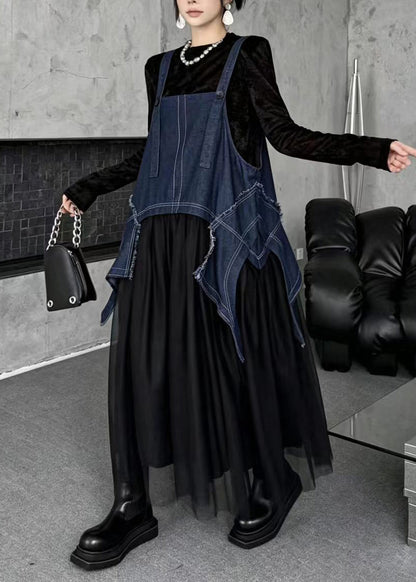 Simple Blue Oversized Asymmetrical Tulle Patchwork Pinafore Dress Fall