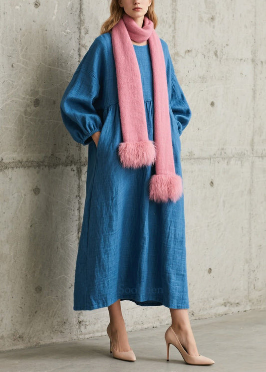 Simple Blue Oversized Cotton Long Dress Fall