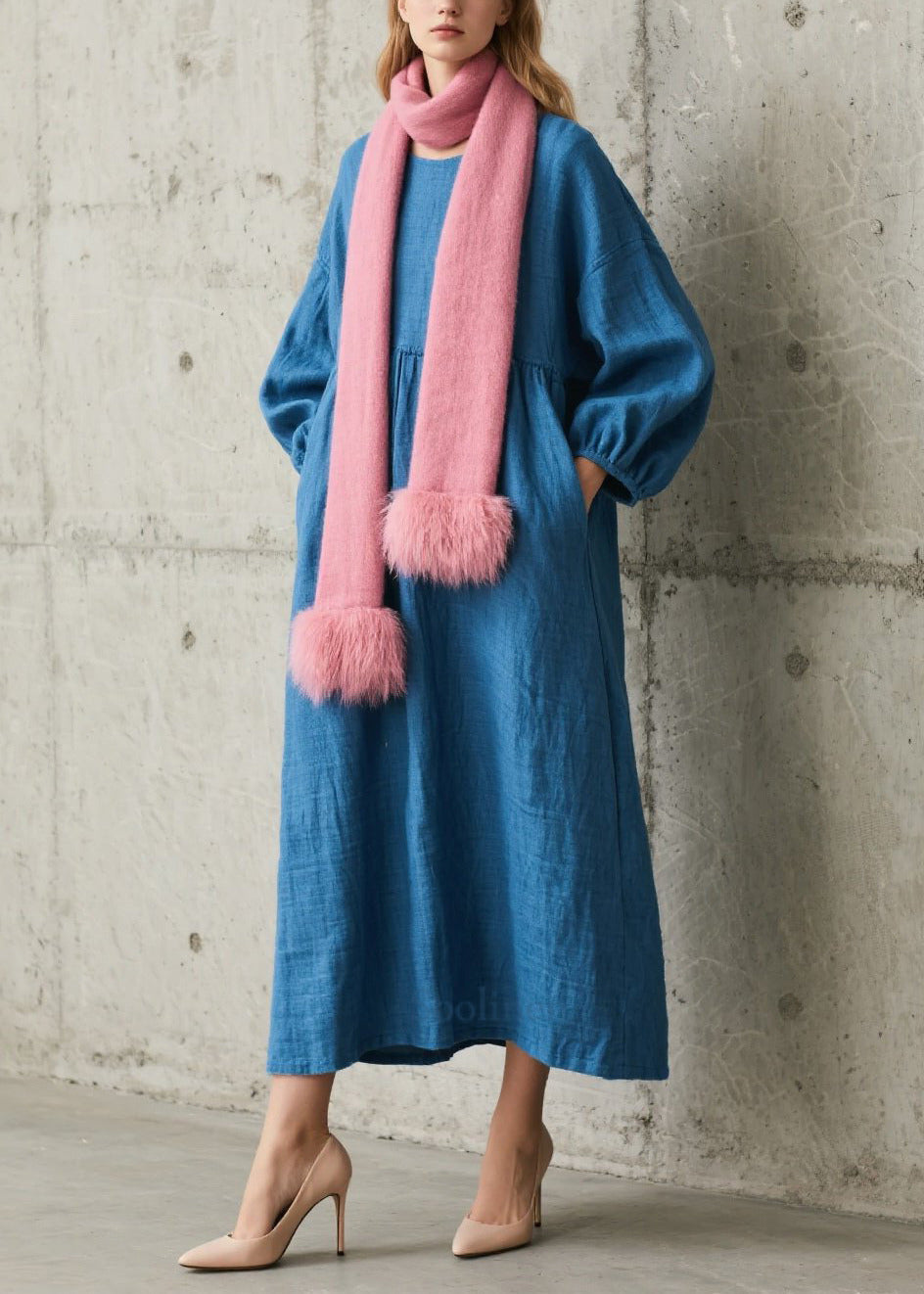 Simple Blue Oversized Cotton Long Dress Fall
