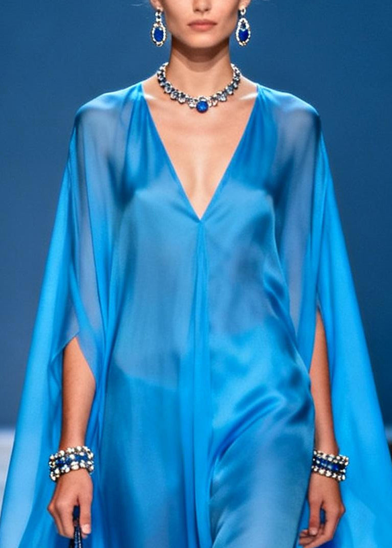 Simple Blue Oversized Draping Chiffon Holiday Dress Summer