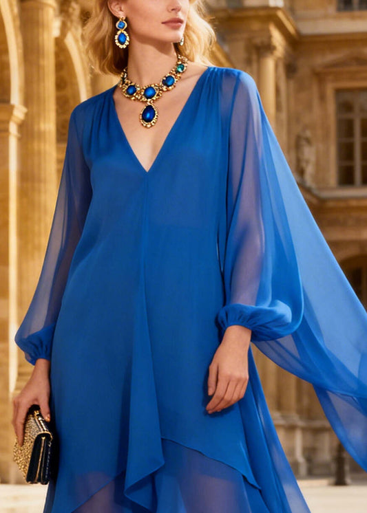 Simple Blue Oversized Draping Chiffon Holiday Dress Summer