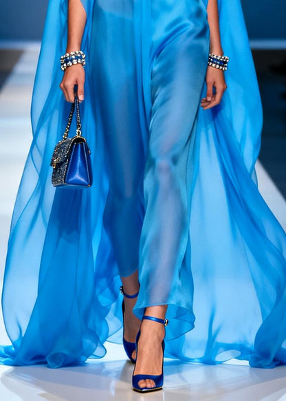 Simple Blue Oversized Draping Chiffon Holiday Dress Summer
