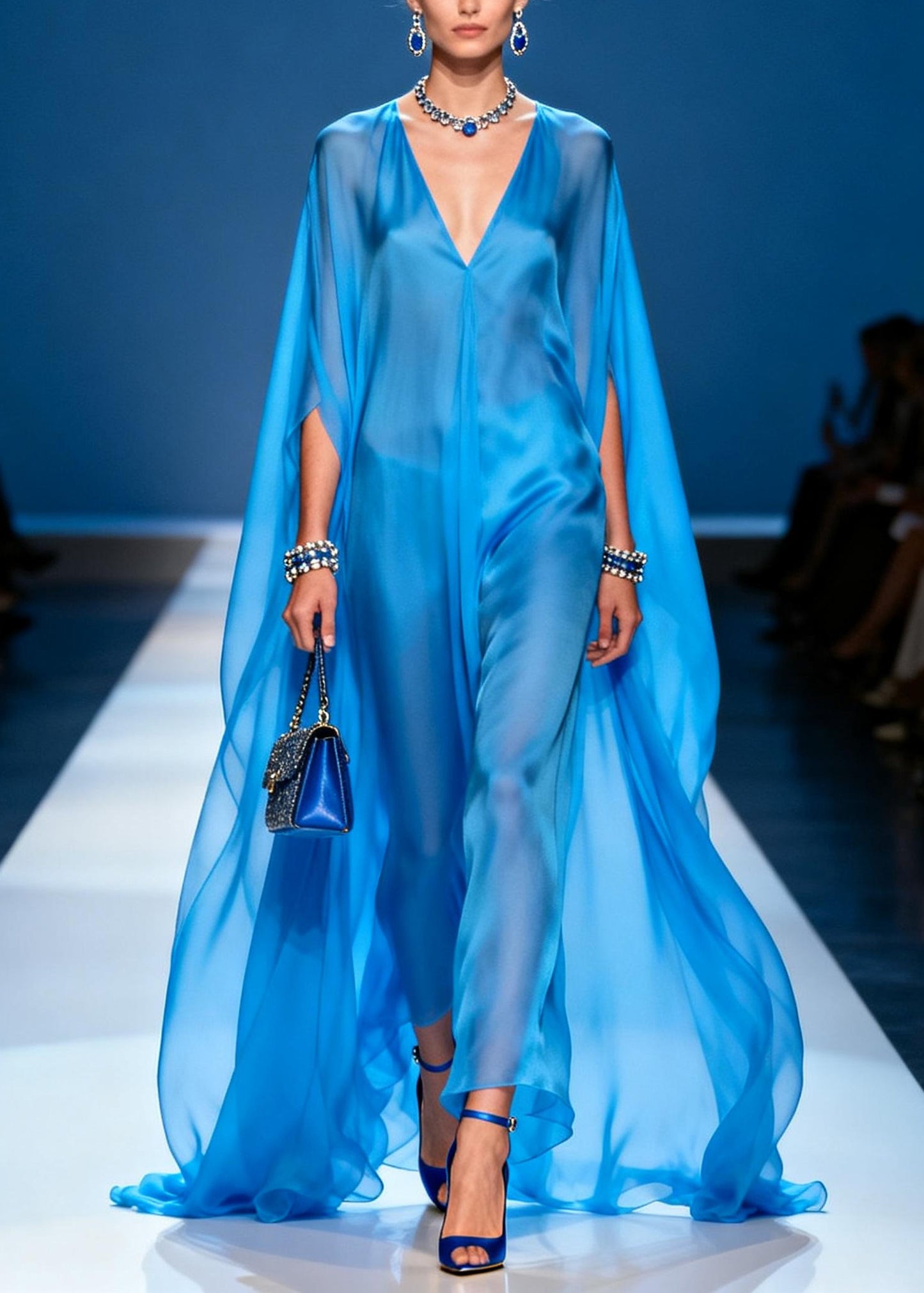 Simple Blue Oversized Draping Chiffon Holiday Dress Summer