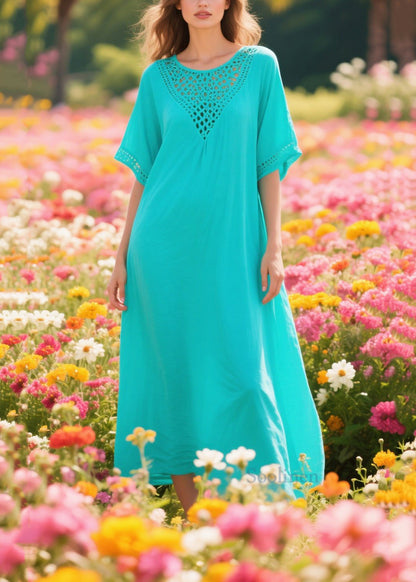 Simple Blue Oversized Hollow Out Cotton Long Dress Summer