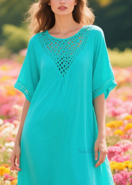 Simple Blue Oversized Hollow Out Cotton Long Dress Summer