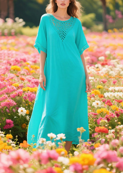 Simple Blue Oversized Hollow Out Cotton Long Dress Summer