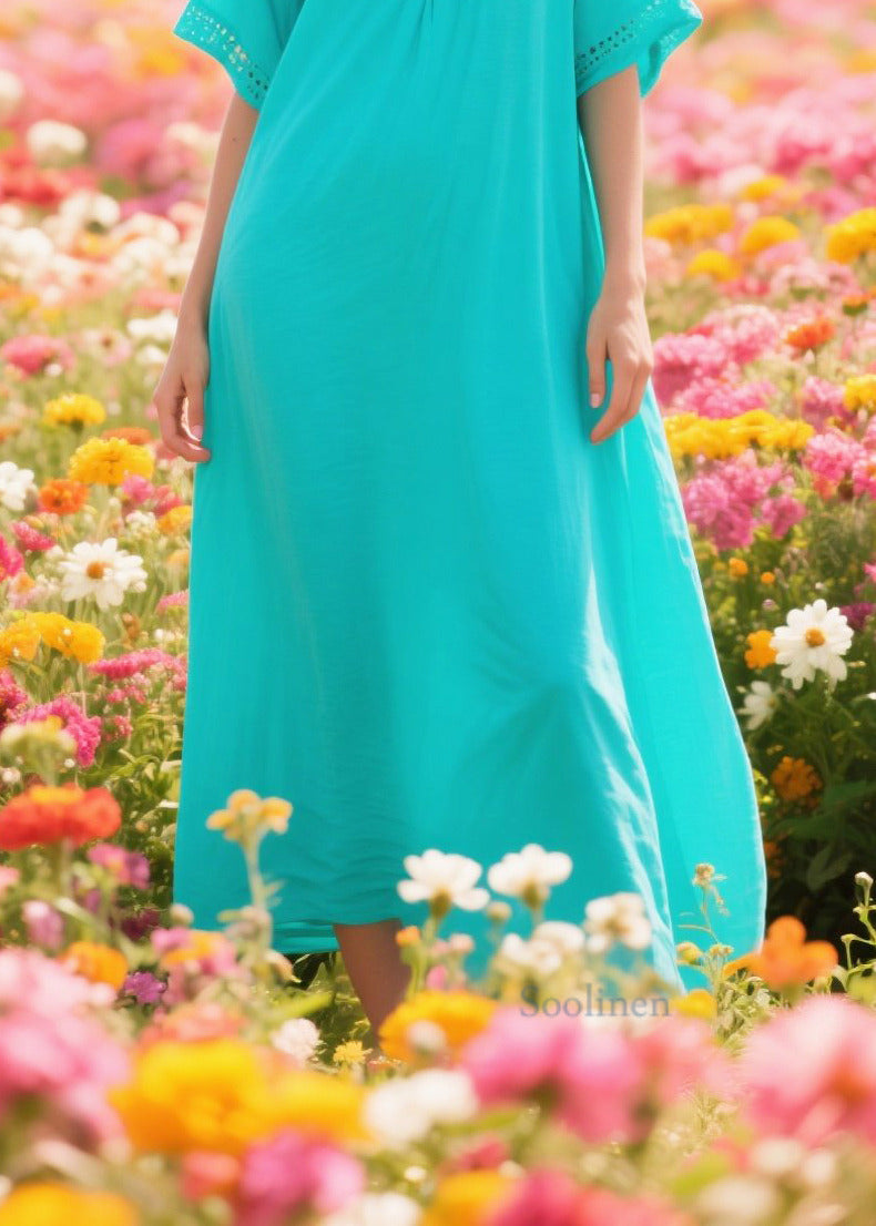 Simple Blue Oversized Hollow Out Cotton Long Dress Summer
