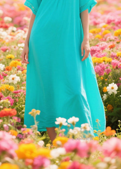 Simple Blue Oversized Hollow Out Cotton Long Dress Summer