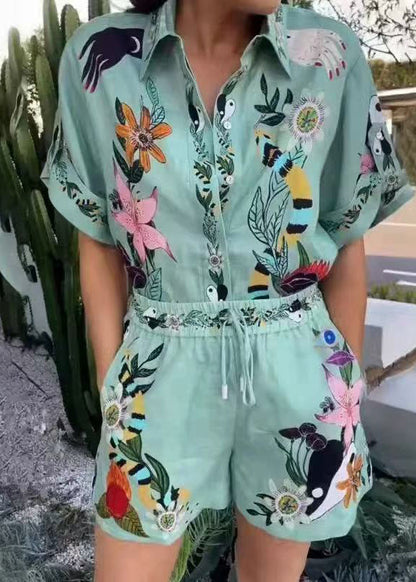 Simple Blue Oversized Print Cotton Two Pieces Set Summer