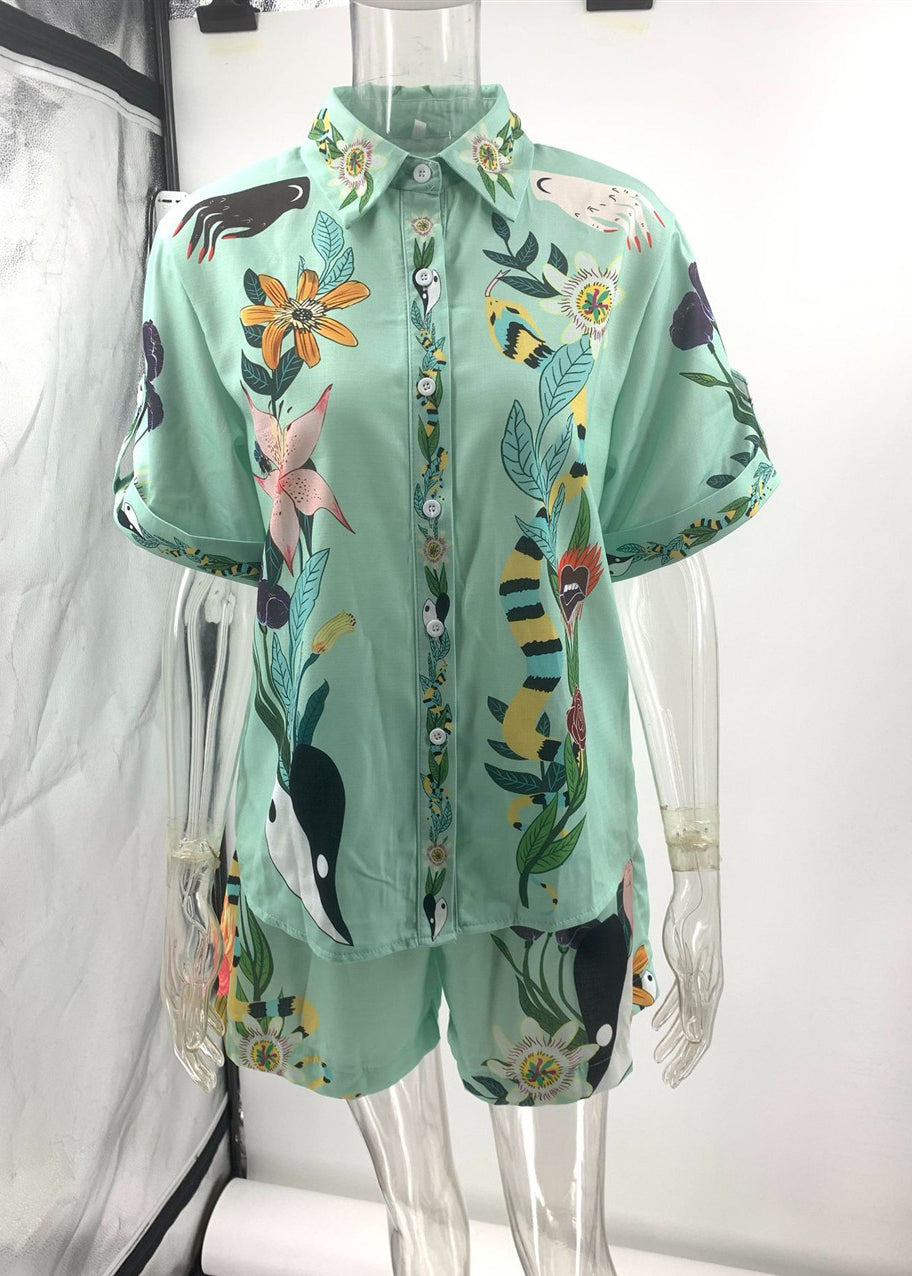 Simple Blue Oversized Print Cotton Two Pieces Set Summer