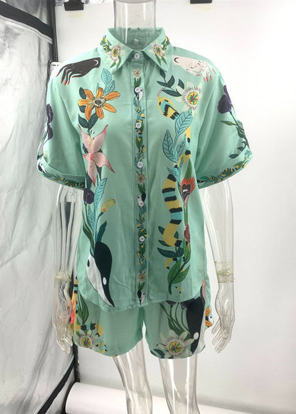 Simple Blue Oversized Print Cotton Two Pieces Set Summer