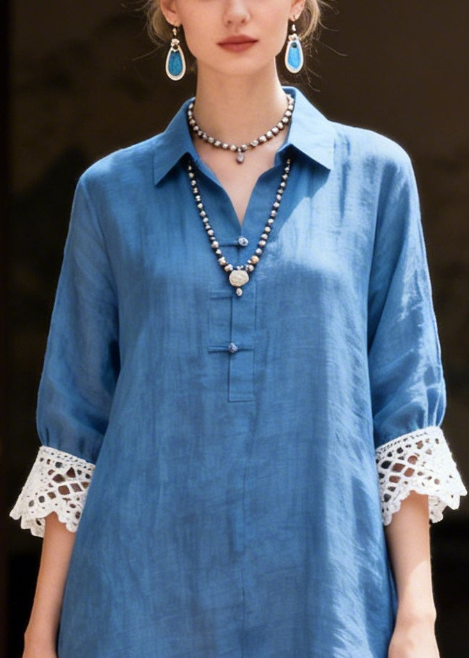 Simple Blue Peter Pan Collar Patchwork Lace Shirt Dresses Summer