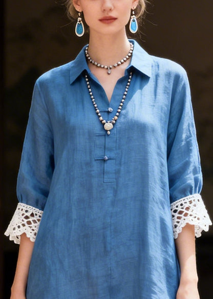 Simple Blue Peter Pan Collar Patchwork Lace Shirt Dresses Summer