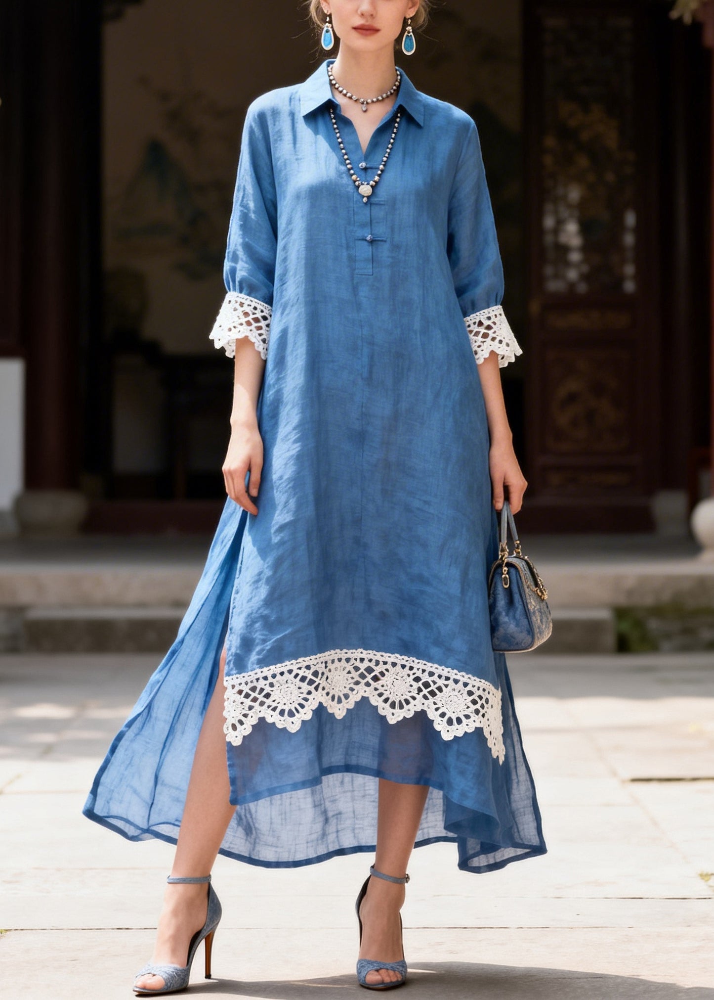 Simple Blue Peter Pan Collar Patchwork Lace Shirt Dresses Summer