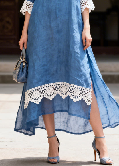 Simple Blue Peter Pan Collar Patchwork Lace Shirt Dresses Summer