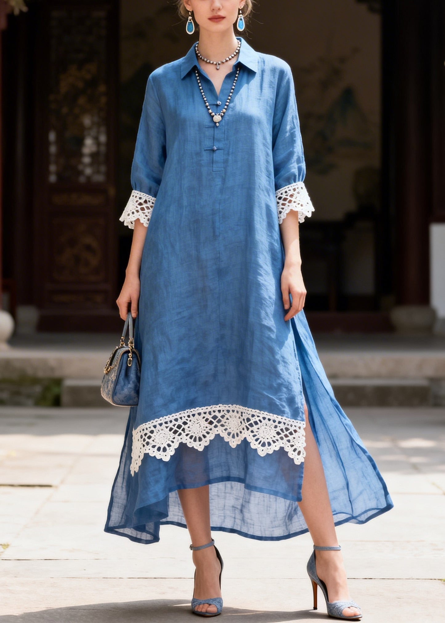 Simple Blue Peter Pan Collar Patchwork Lace Shirt Dresses Summer