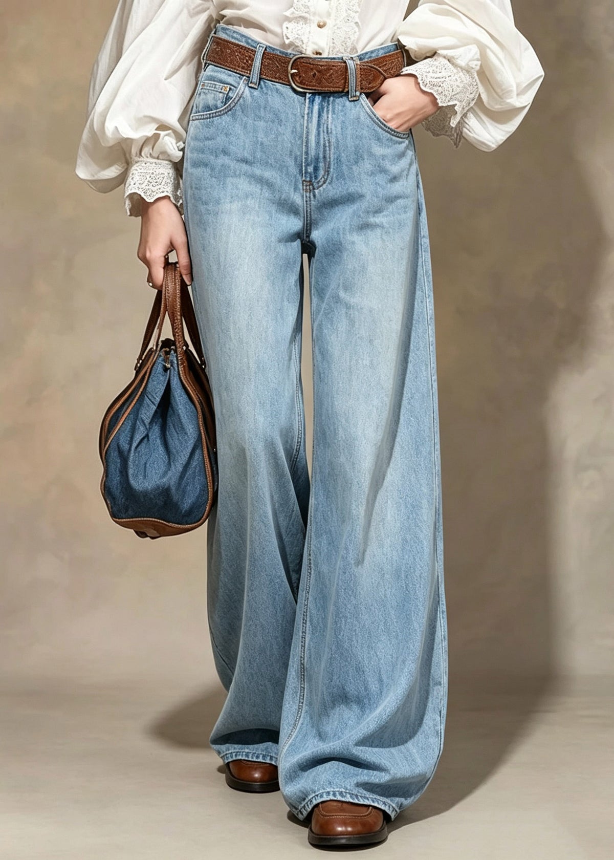 Simple Blue Pockets Wide Leg Jeans Fall