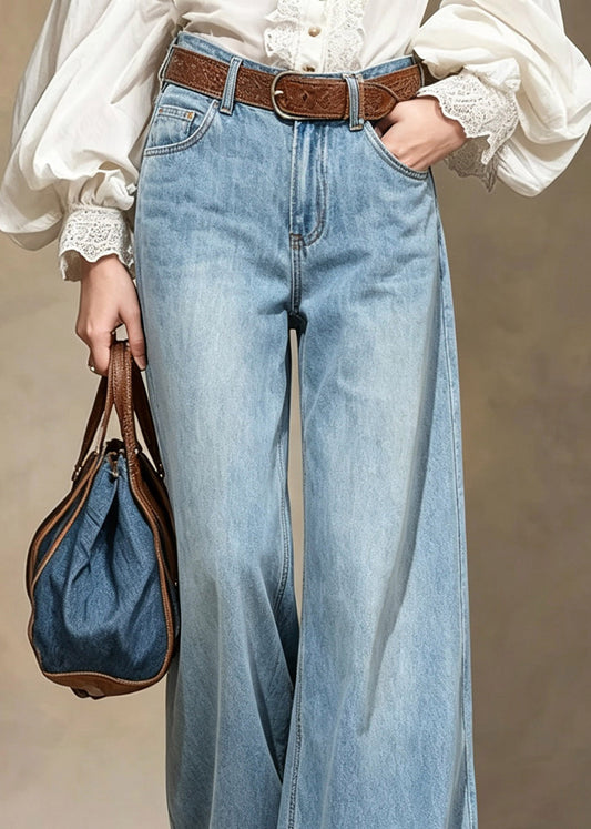 Simple Blue Pockets Wide Leg Jeans Fall